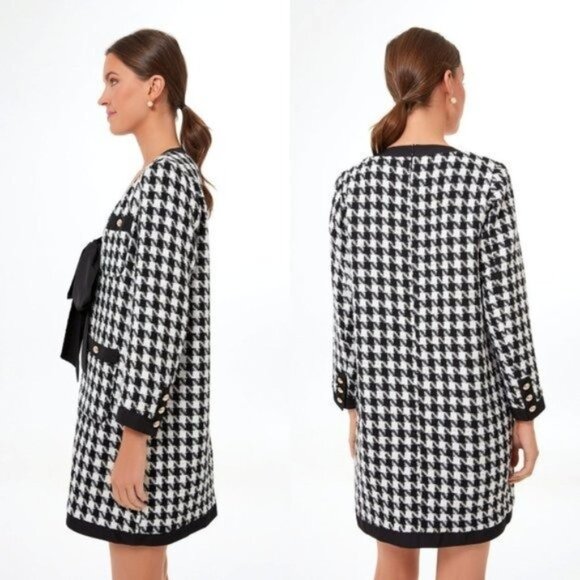 Pomander Place | NEW Coco Tweed Houndstooth Bow Mini Dress Black White Size L - Picture 2 of 12